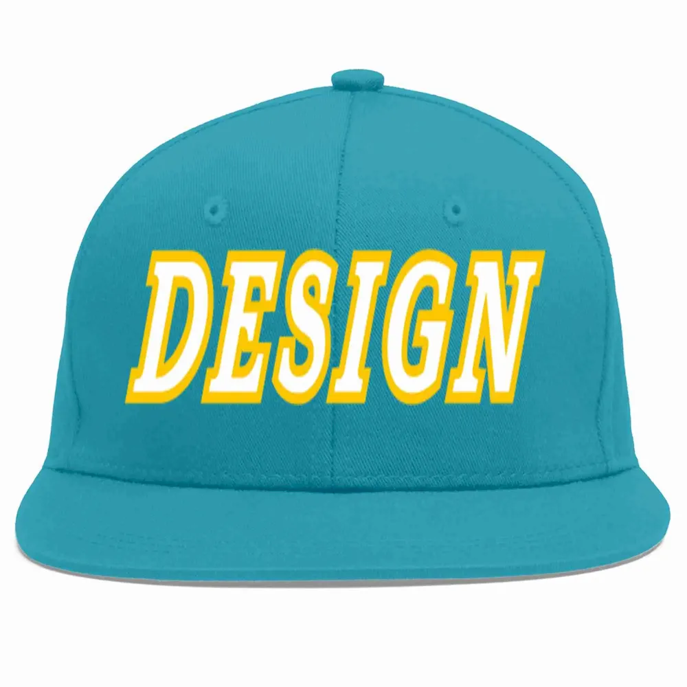 Custom Aqua White-Gold Flat Eaves Sport Baseball Cap Design for Men/Women/Youth
