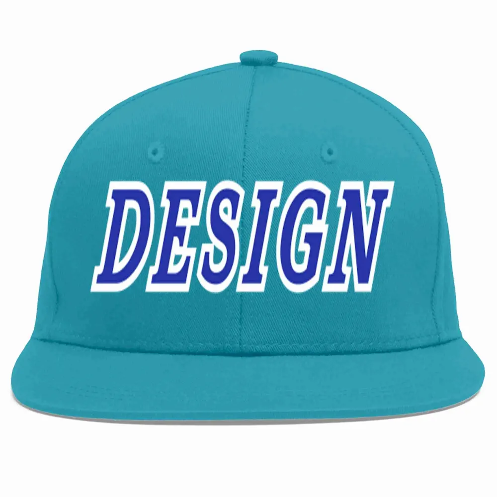 Custom Aqua Royal-White Flat Eaves Sport Baseball Cap Design for Men/Women/Youth