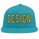 Custom Aqua Gold-Navy Flat Eaves Sport Baseball Cap Design for Men/Women/Youth