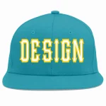 Custom Aqua White-Gold Flat Eaves Sport Baseball Cap Design for Men/Women/Youth