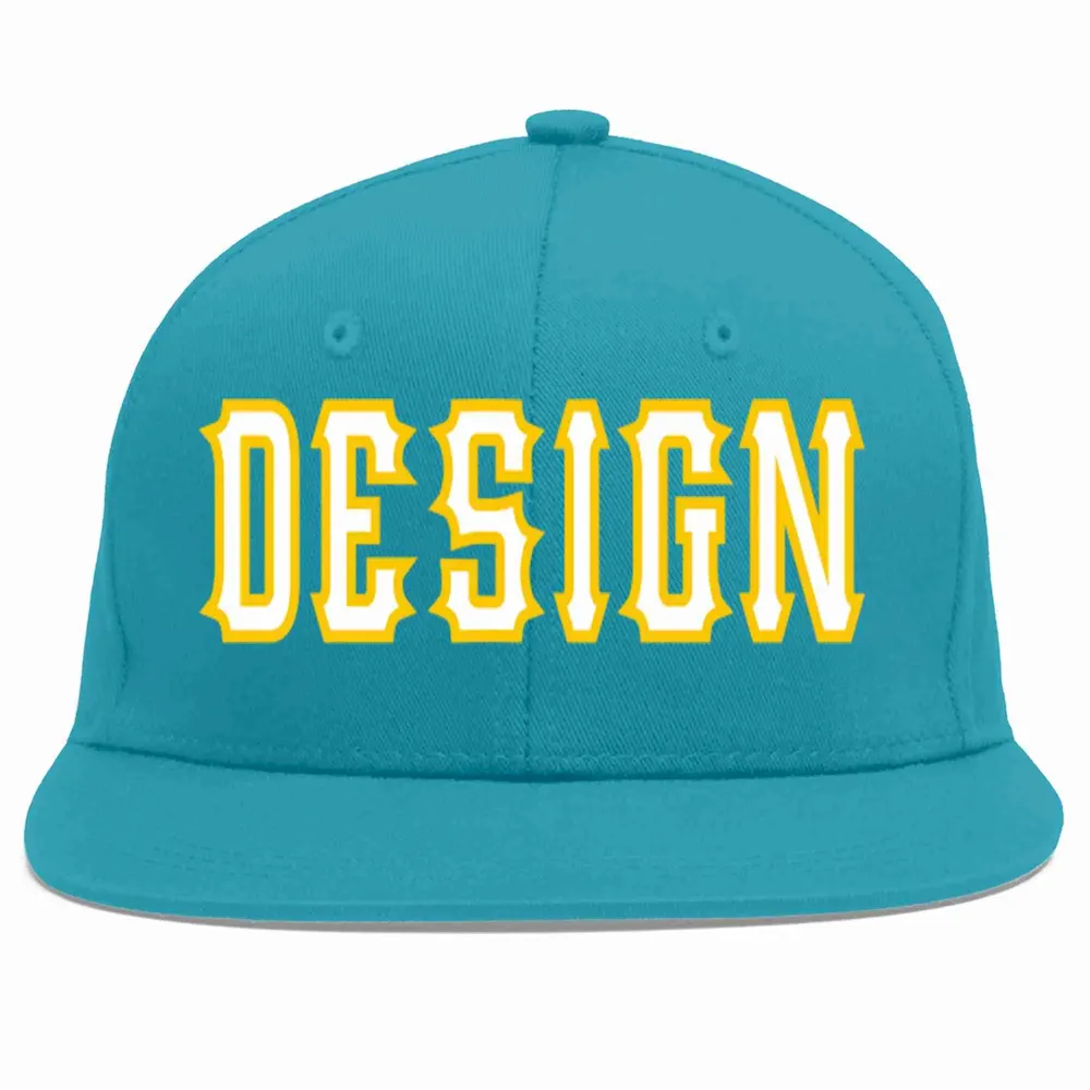 Custom Aqua White-Gold Flat Eaves Sport Baseball Cap Design for Men/Women/Youth