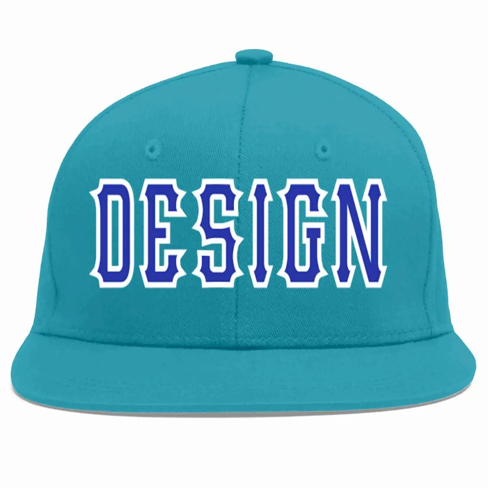 Custom Aqua Royal-White Flat Eaves Sport Baseball Cap Design for Men/Women/Youth