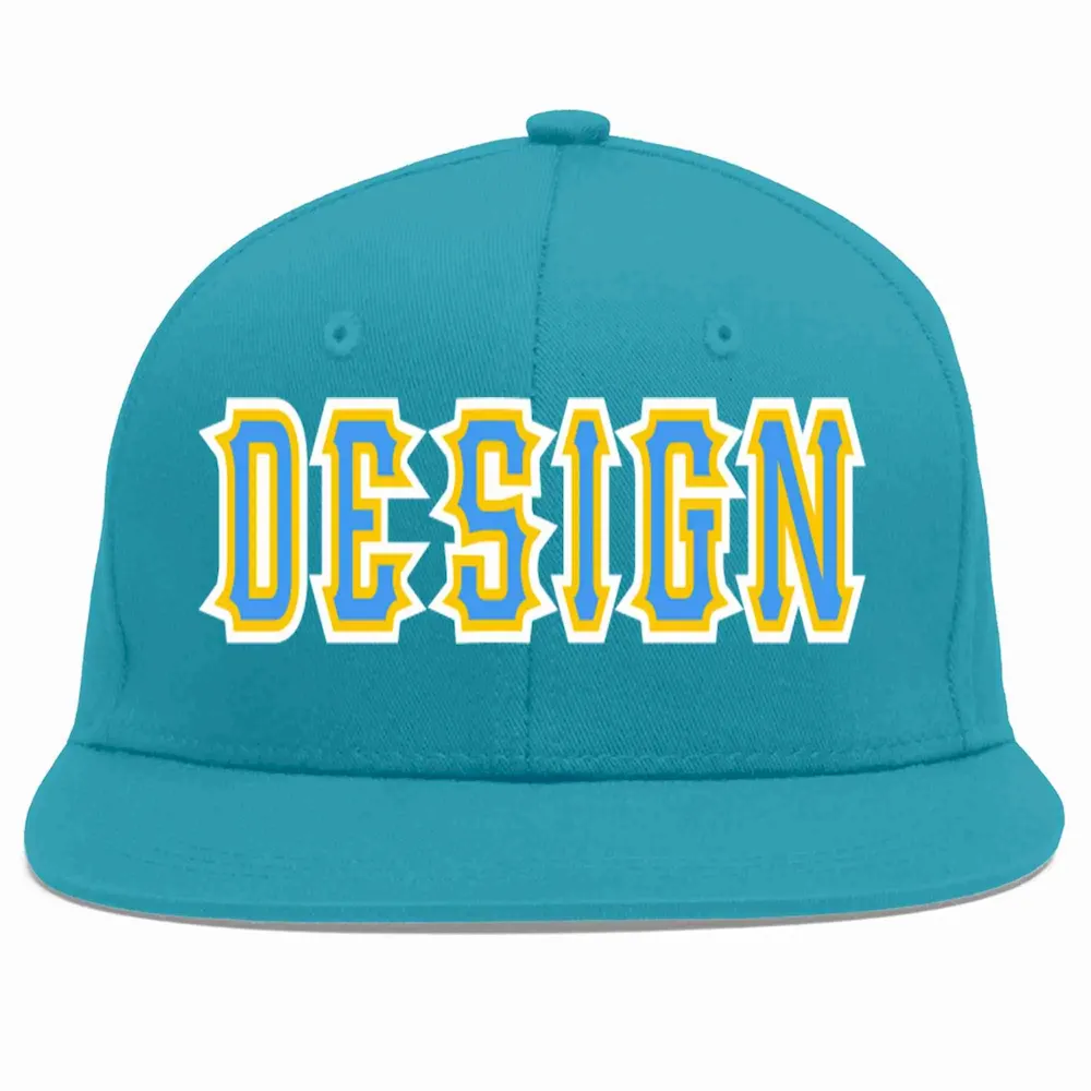 Custom Aqua Powder Blue-Gold Flat Eaves Sport Baseball Cap Design for Men/Women/Youth