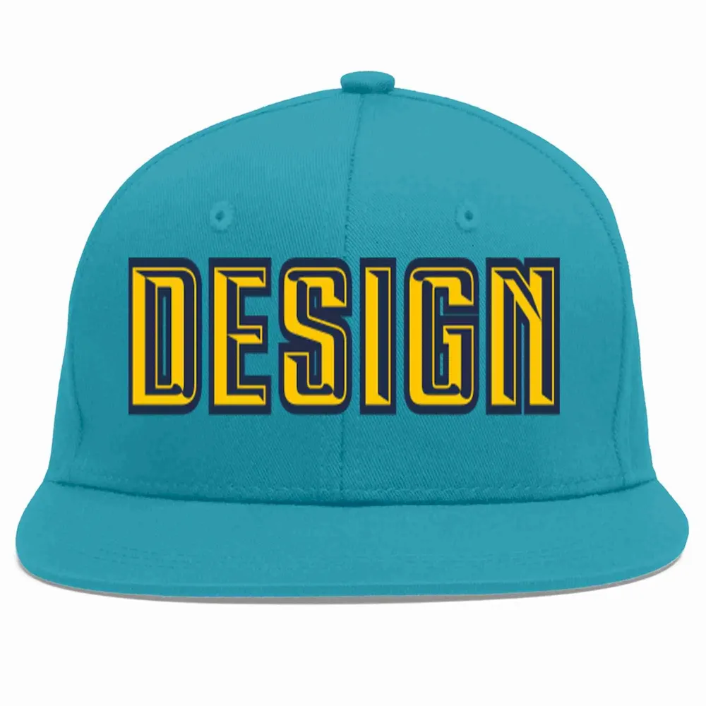 Custom Aqua Gold-Navy Flat Eaves Sport Baseball Cap Design for Men/Women/Youth