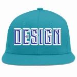 Custom Aqua Royal-White Flat Eaves Sport Baseball Cap Design for Men/Women/Youth