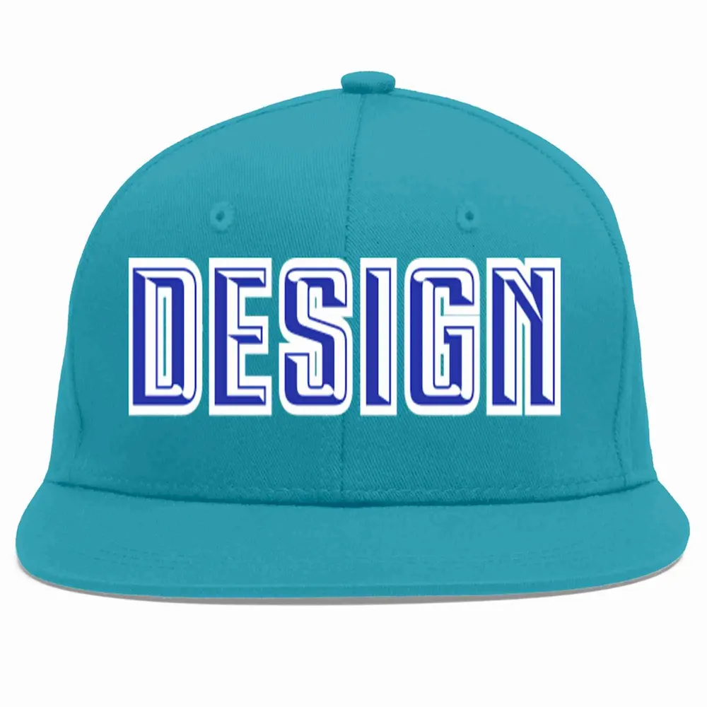 Custom Aqua Royal-White Flat Eaves Sport Baseball Cap Design for Men/Women/Youth