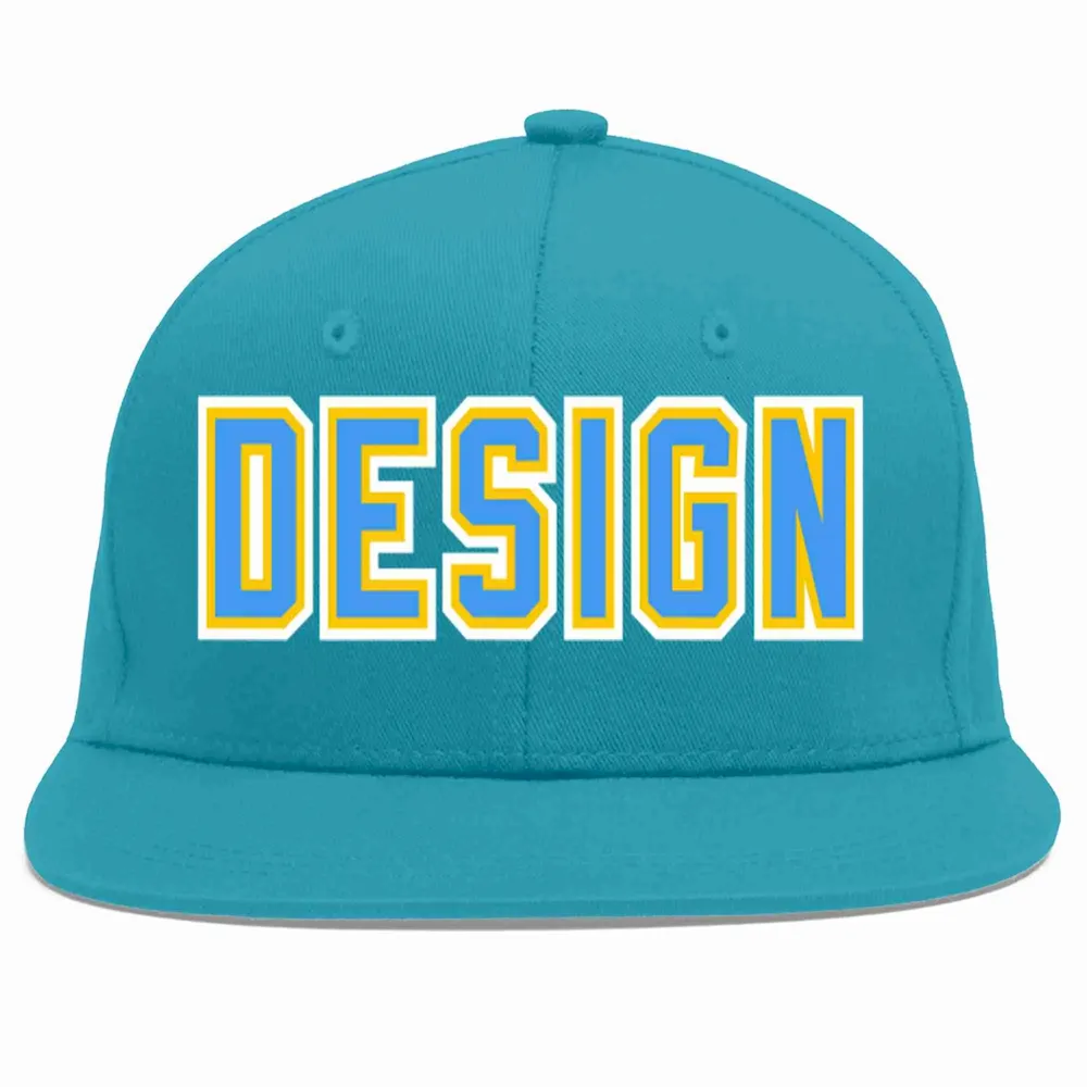 Custom Aqua Powder Blue-Gold Flat Eaves Sport Baseball Cap Design for Men/Women/Youth