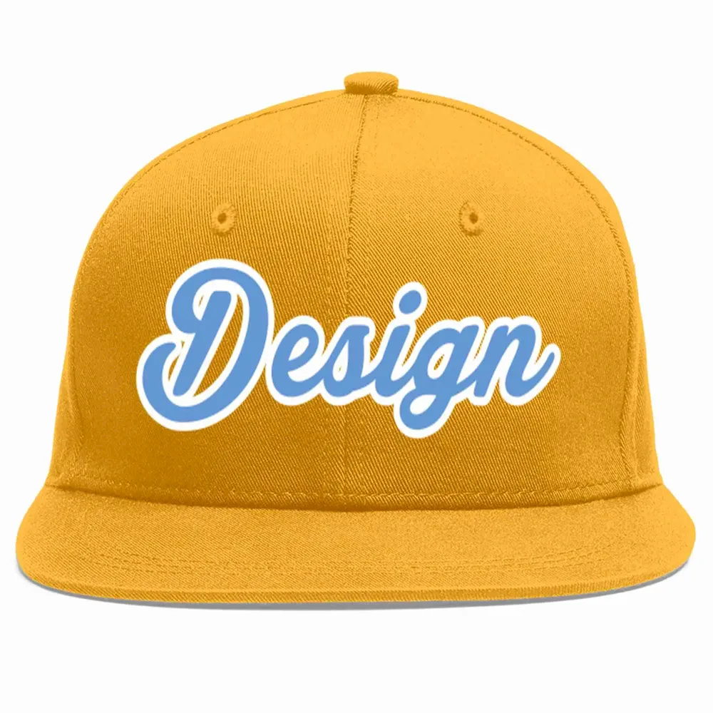 Custom Gold Light Blue-White Flat Eaves Sport Baseball Cap Design for Men/Women/Youth