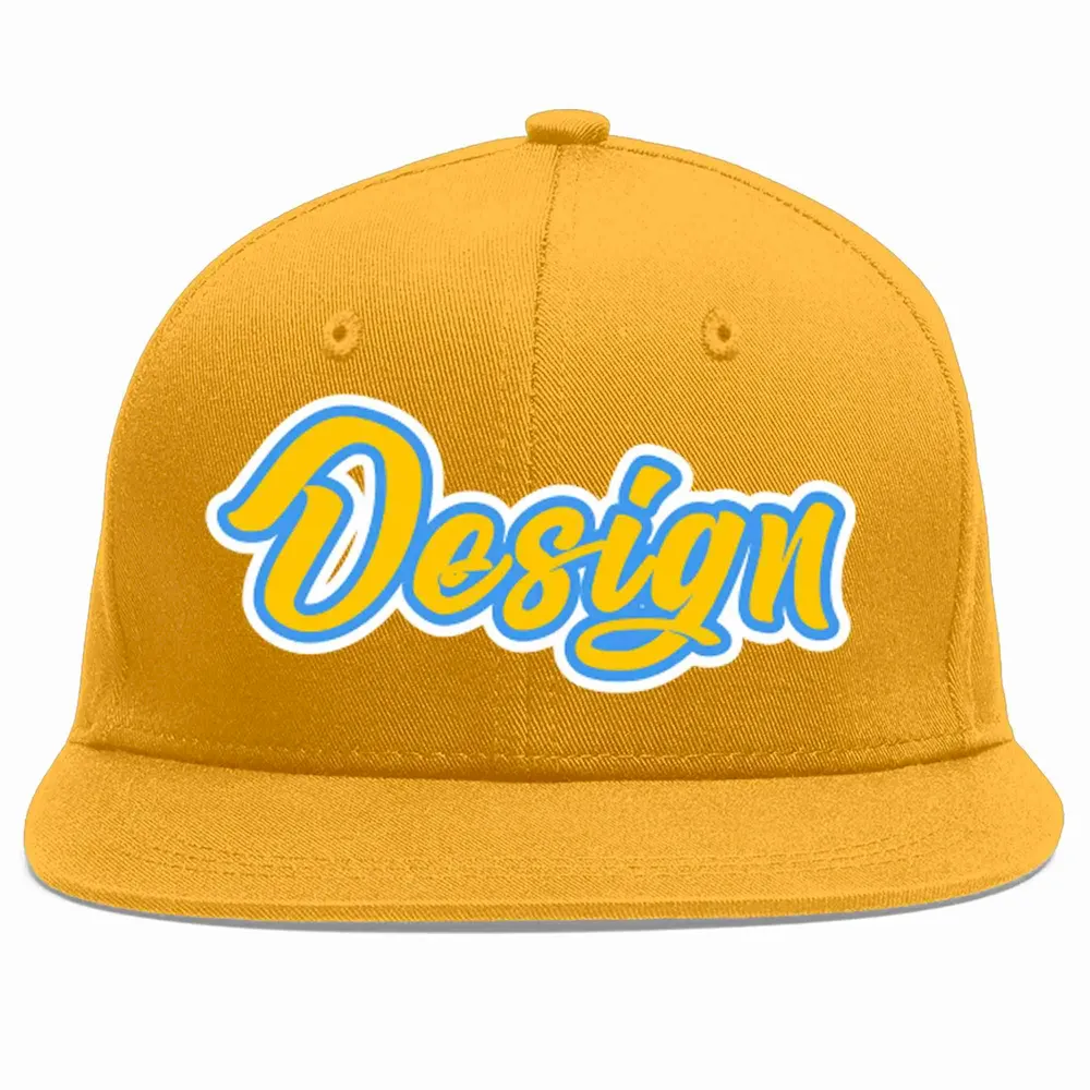 Custom Gold Gold-Powder Blue Flat Eaves Sport Baseball Cap Design for Men/Women/Youth
