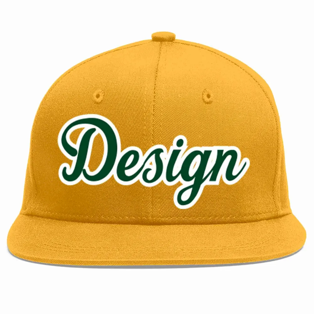 Custom Gold Green-White Flat Eaves Sport Baseball Cap Design for Men/Women/Youth