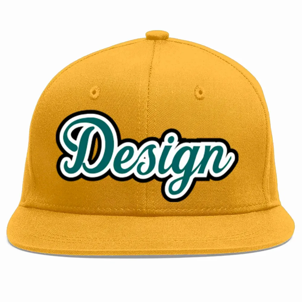 Custom Gold Aqua-White Flat Eaves Sport Baseball Cap Design for Men/Women/Youth