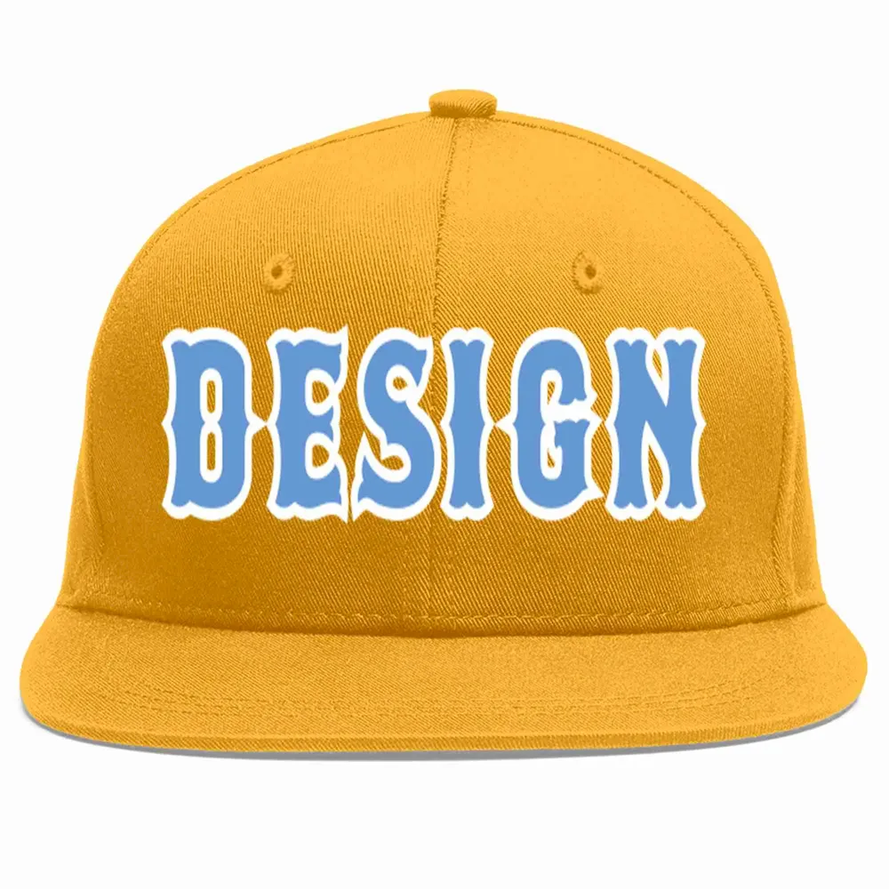 Custom Gold Light Blue-White Flat Eaves Sport Baseball Cap Design for Men/Women/Youth