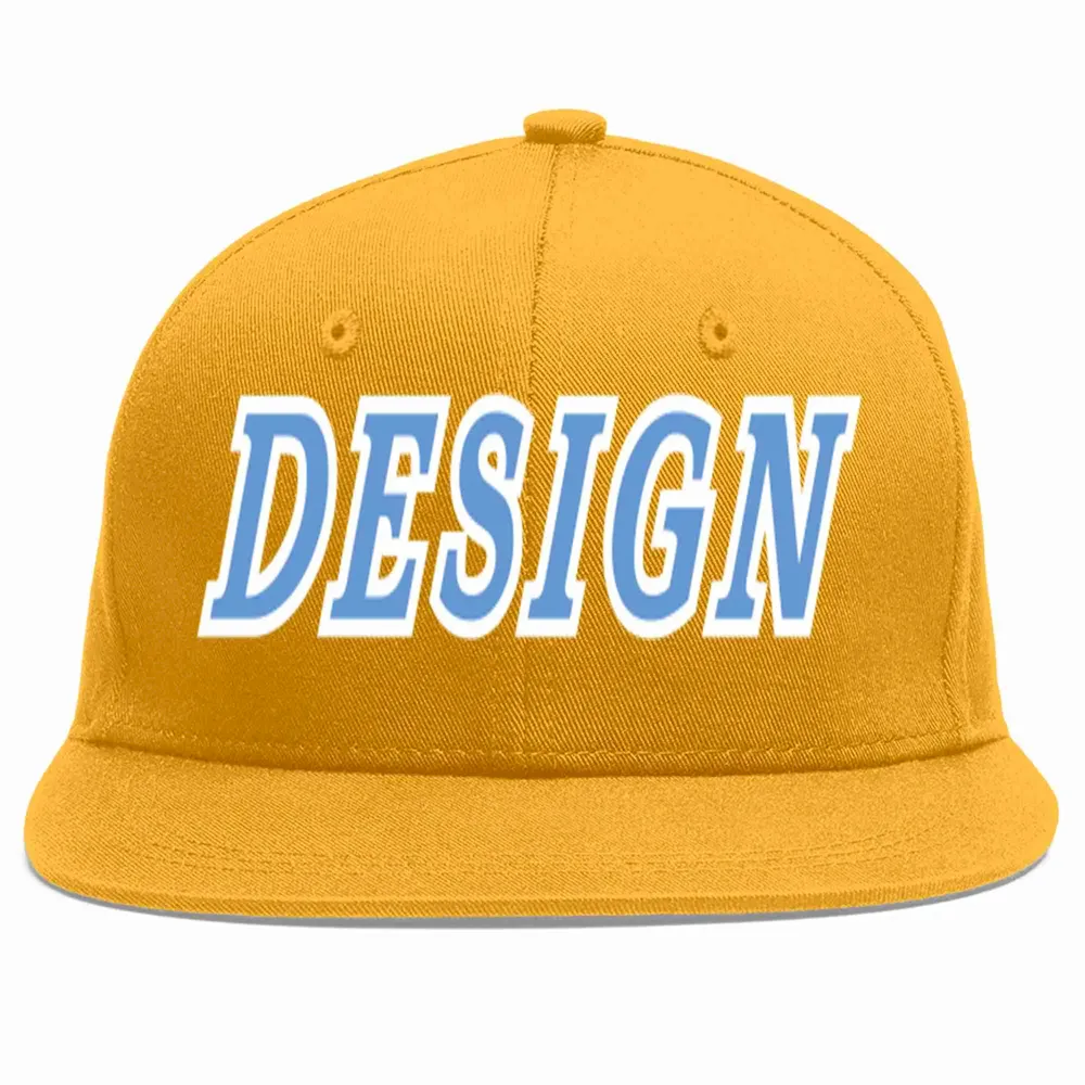 Custom Gold Light Blue-White Flat Eaves Sport Baseball Cap Design for Men/Women/Youth