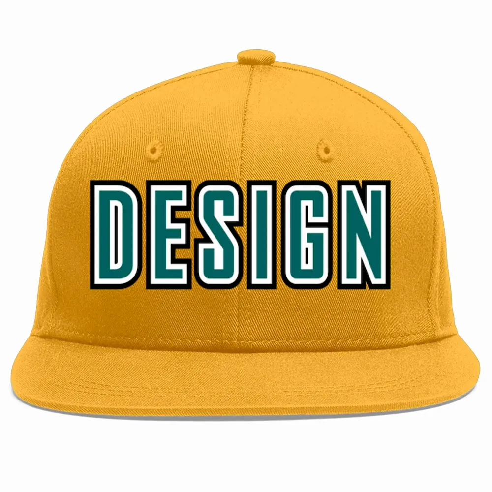 Custom Gold Aqua-White Flat Eaves Sport Baseball Cap Design for Men/Women/Youth