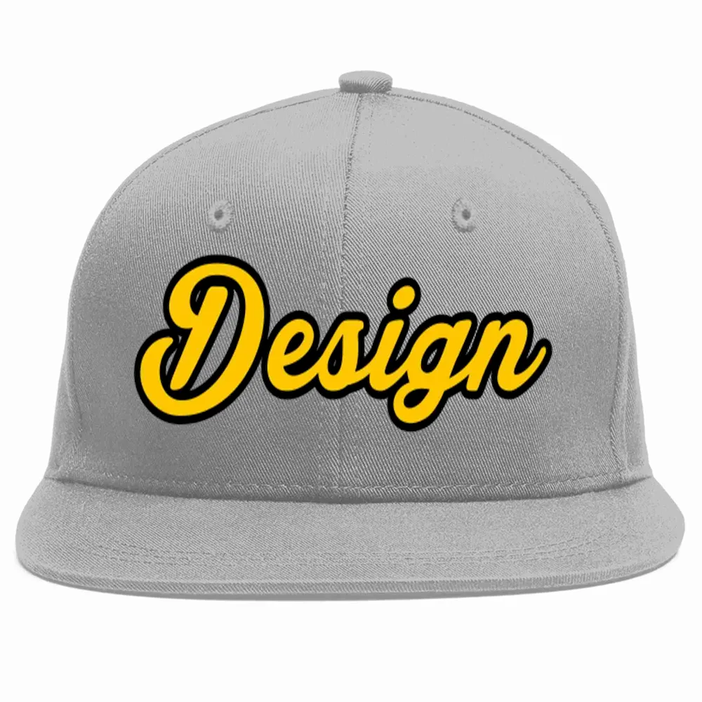 Custom Gray Gold-Black Flat Eaves Sport Baseball Cap Design for Men/Women/Youth