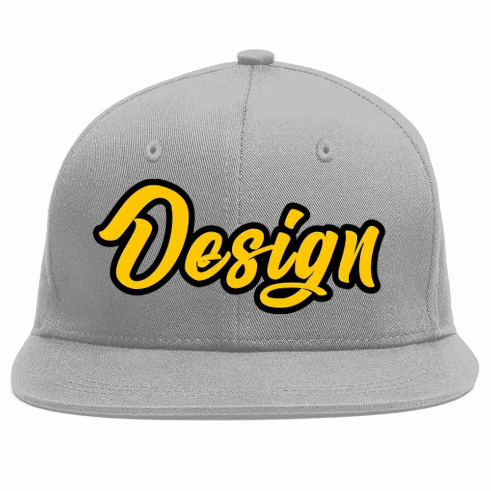 Custom Gray Gold-Black Flat Eaves Sport Baseball Cap Design for Men/Women/Youth