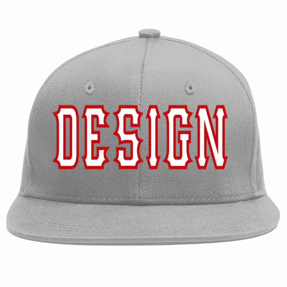 Custom Gray White-Red Flat Eaves Sport Baseball Cap Design for Men/Women/Youth