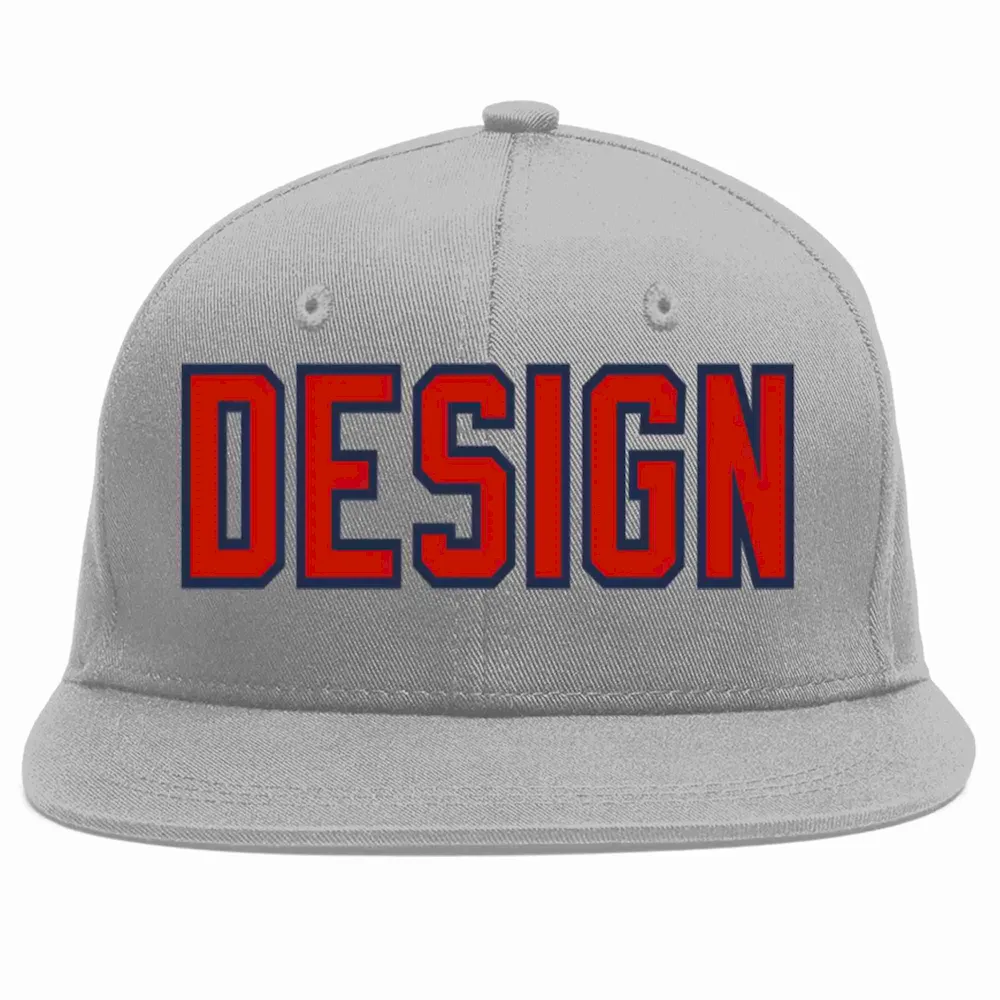 Custom Gray Red-Navy Flat Eaves Sport Baseball Cap Design for Men/Women/Youth