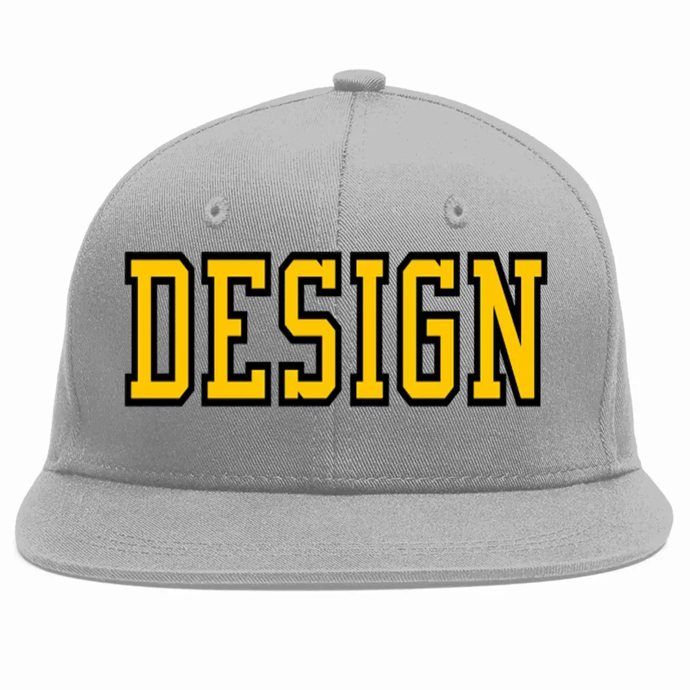 Custom Gray Gold-Black Flat Eaves Sport Baseball Cap Design for Men/Women/Youth