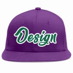 Custom Purple Kelly Green-White Flat Eaves Sport Baseball Cap Design for Men/Women/Youth