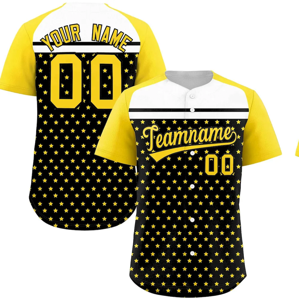 Custom Black Gold-White Raglan Sleeve Personalized Star Print Authentic Baseball Jersey