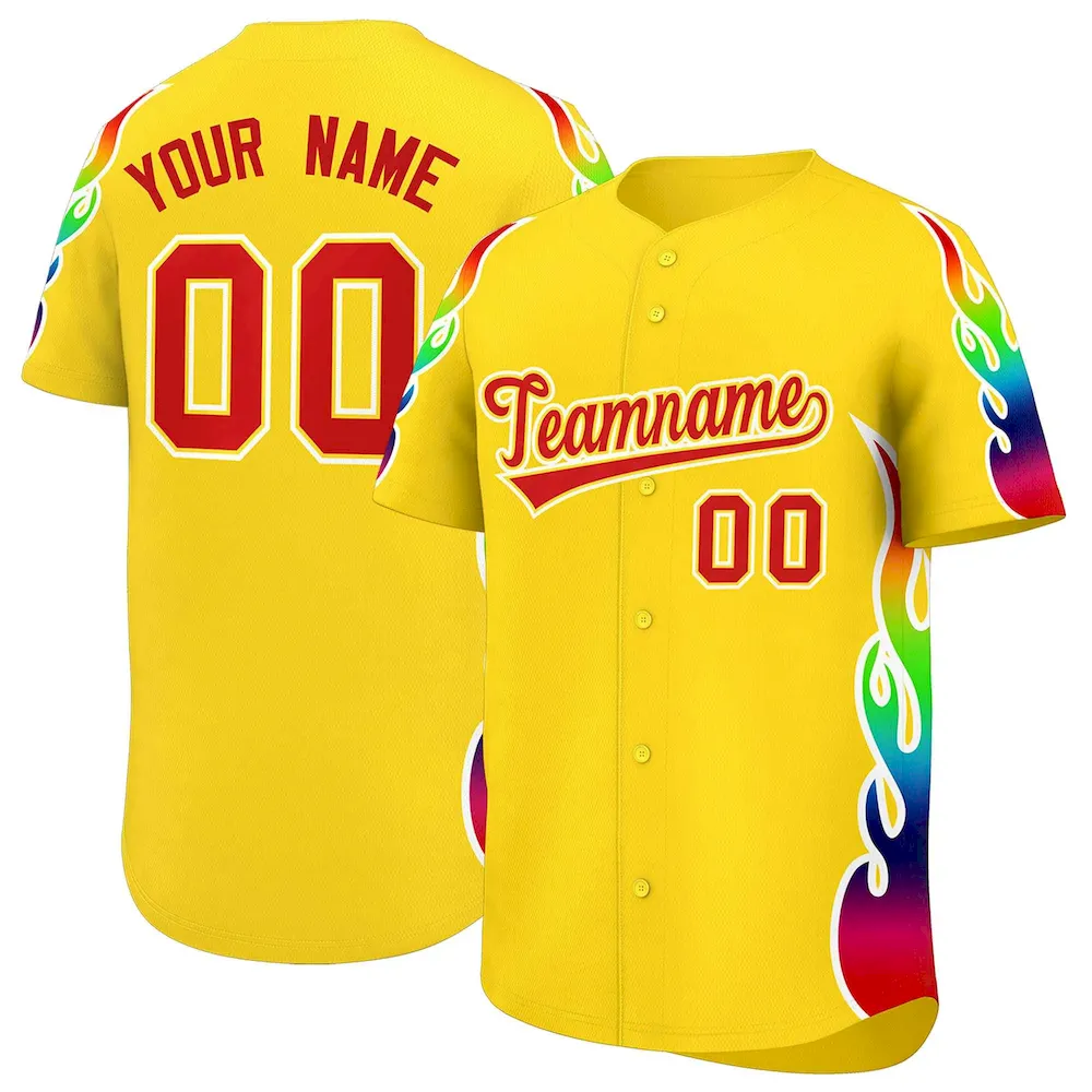 Custom Gold Graffiti Pattern Personalized Multicolored Flames Print Authentic Baseball Jersey