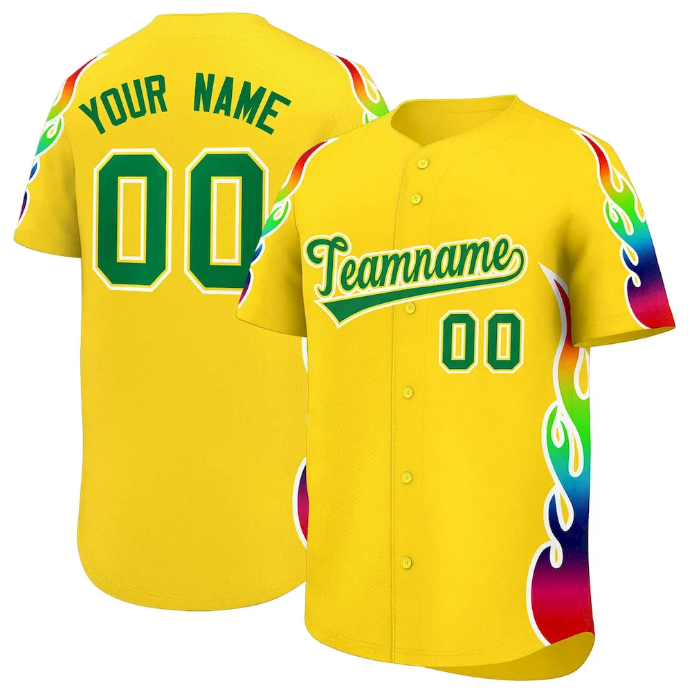Custom Gold Graffiti Pattern Personalized Multicolored Flames Print Authentic Baseball Jersey