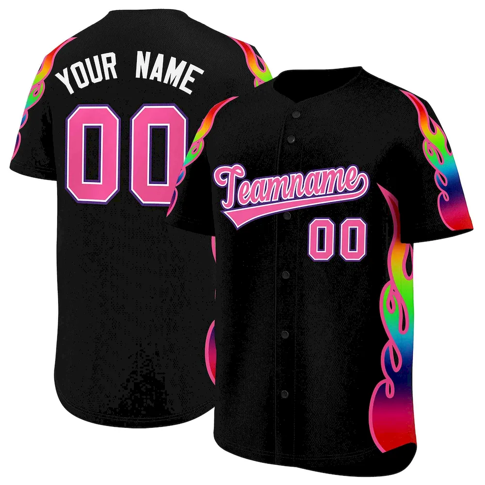 Custom Black Graffiti Pattern Personalized Multicolored Flames Print Authentic Baseball Jersey