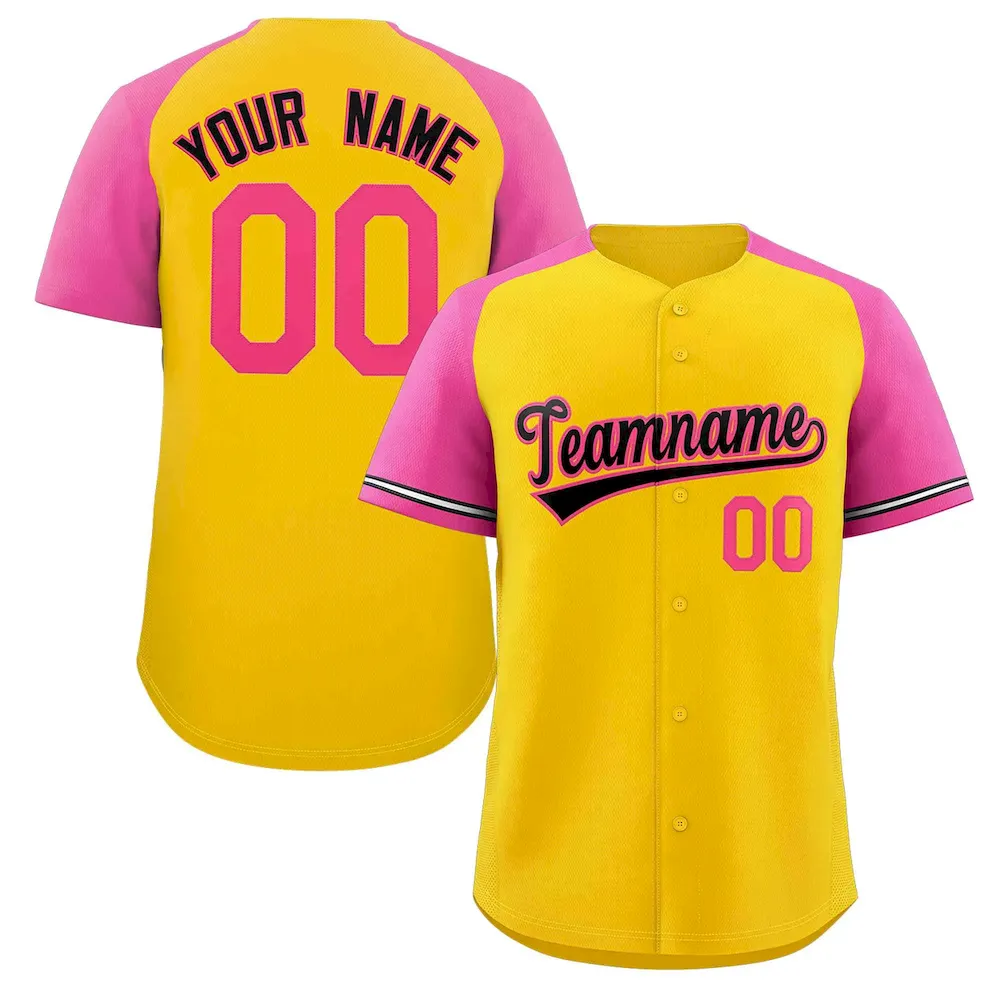 Custom Yellow Black-Pink Raglan Sleeves Authentic Baseball Jersey