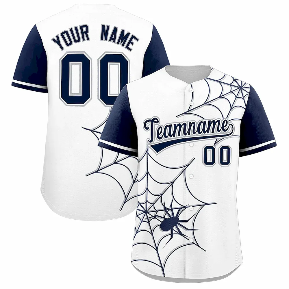 Custom White Navy Spider Web Pattern Raglan Sleeves Authentic Baseball Jersey