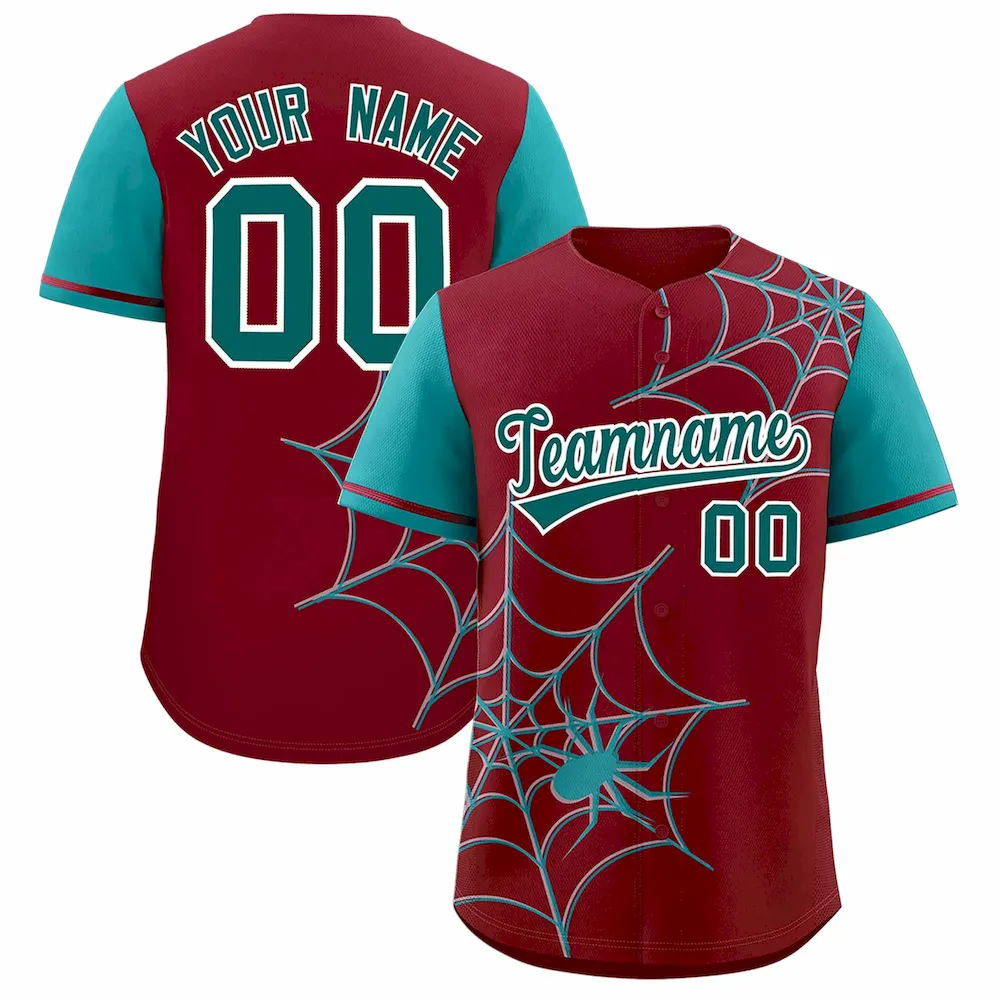 Custom Crimson Aqua Spider Web Pattern Raglan Sleeves Authentic Baseball Jersey