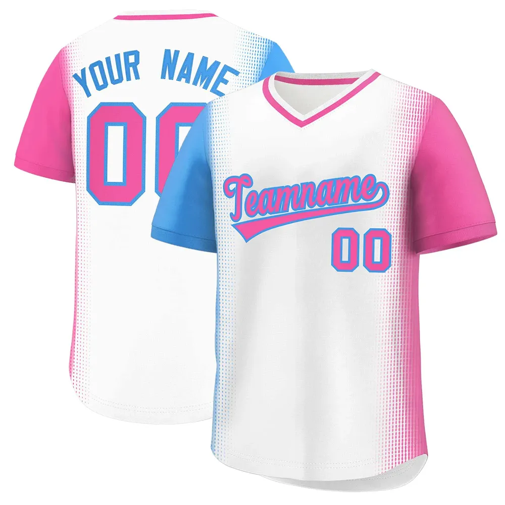 Custom White Powder Blue-Pink Personalized Raglan Sleeves Authentic Pullover Baseball Jersey
