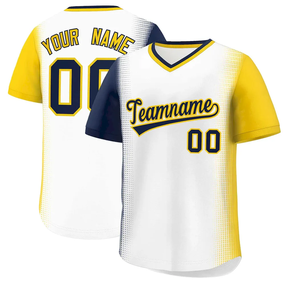 Custom White Navy-Gold Personalized Raglan Sleeves Authentic Pullover Baseball Jersey