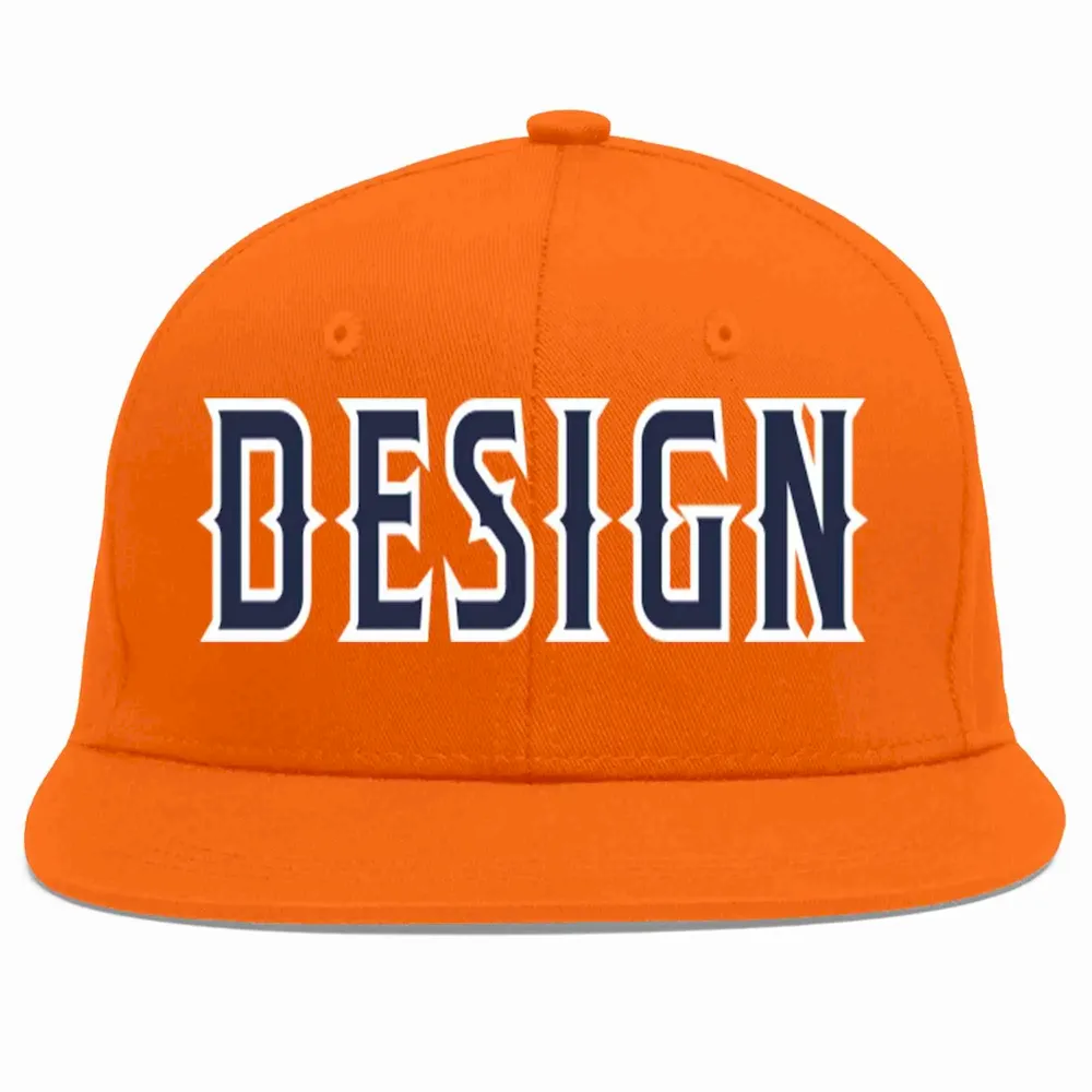 Custom Orange Navy-White Flat Eaves Sport Baseball Cap Design for Men/Women/Youth