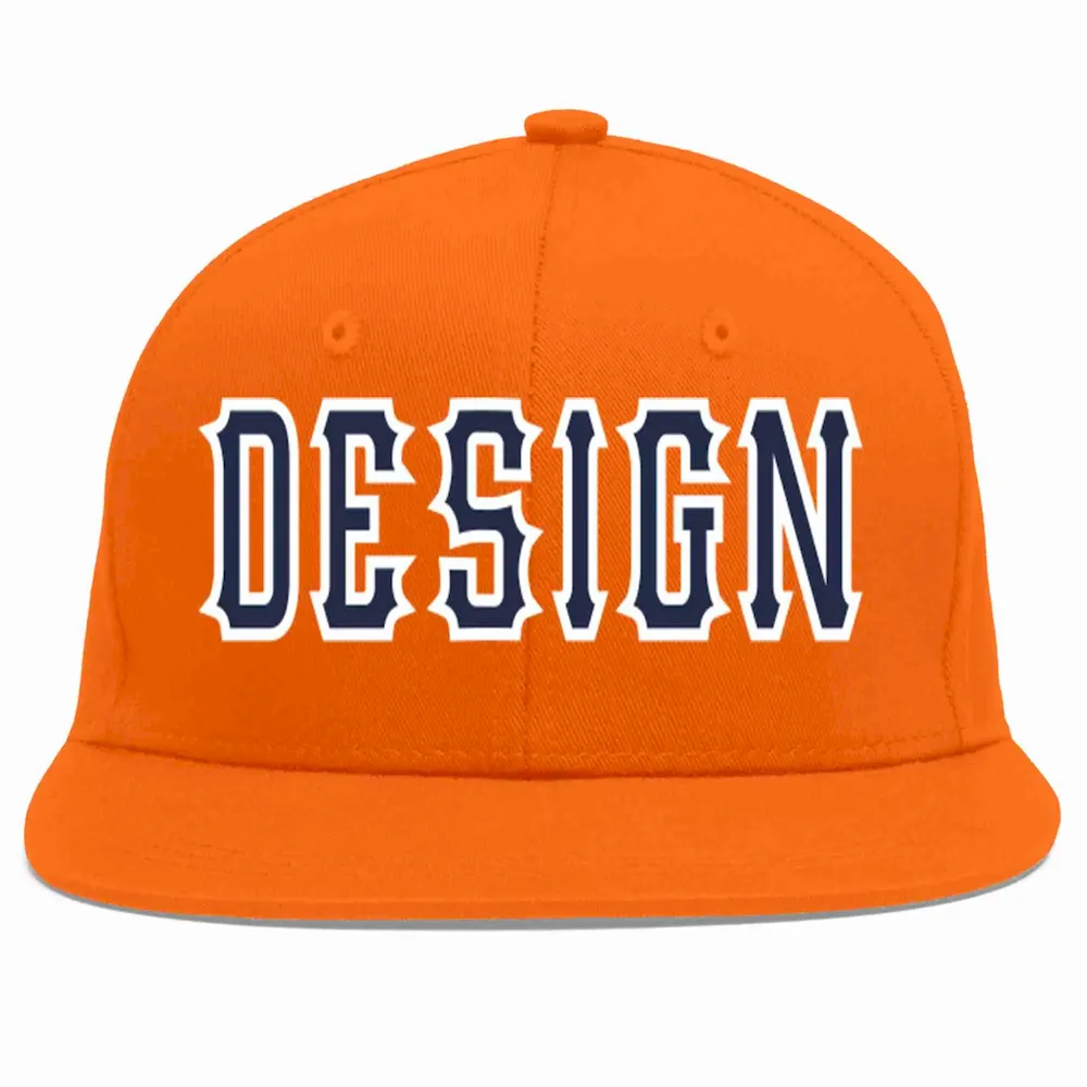 Custom Orange Navy-White Flat Eaves Sport Baseball Cap Design for Men/Women/Youth