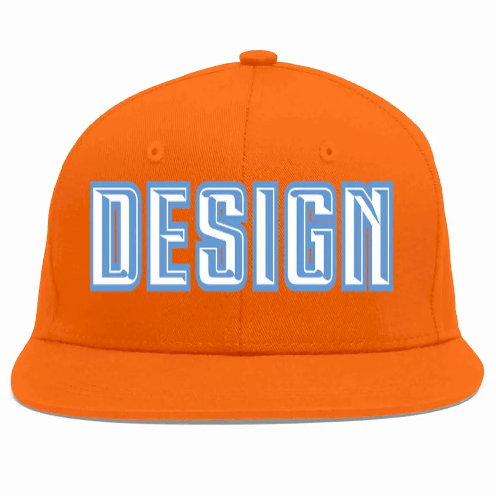 Custom Orange White-Light Blue Flat Eaves Sport Baseball Cap Design for Men/Women/Youth