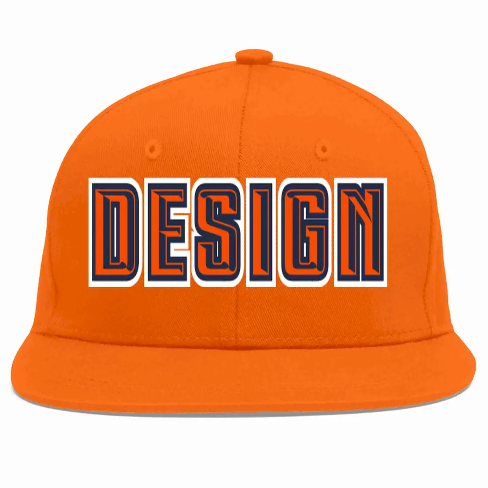 Custom Orange Orange-Navy Flat Eaves Sport Baseball Cap Design for Men/Women/Youth
