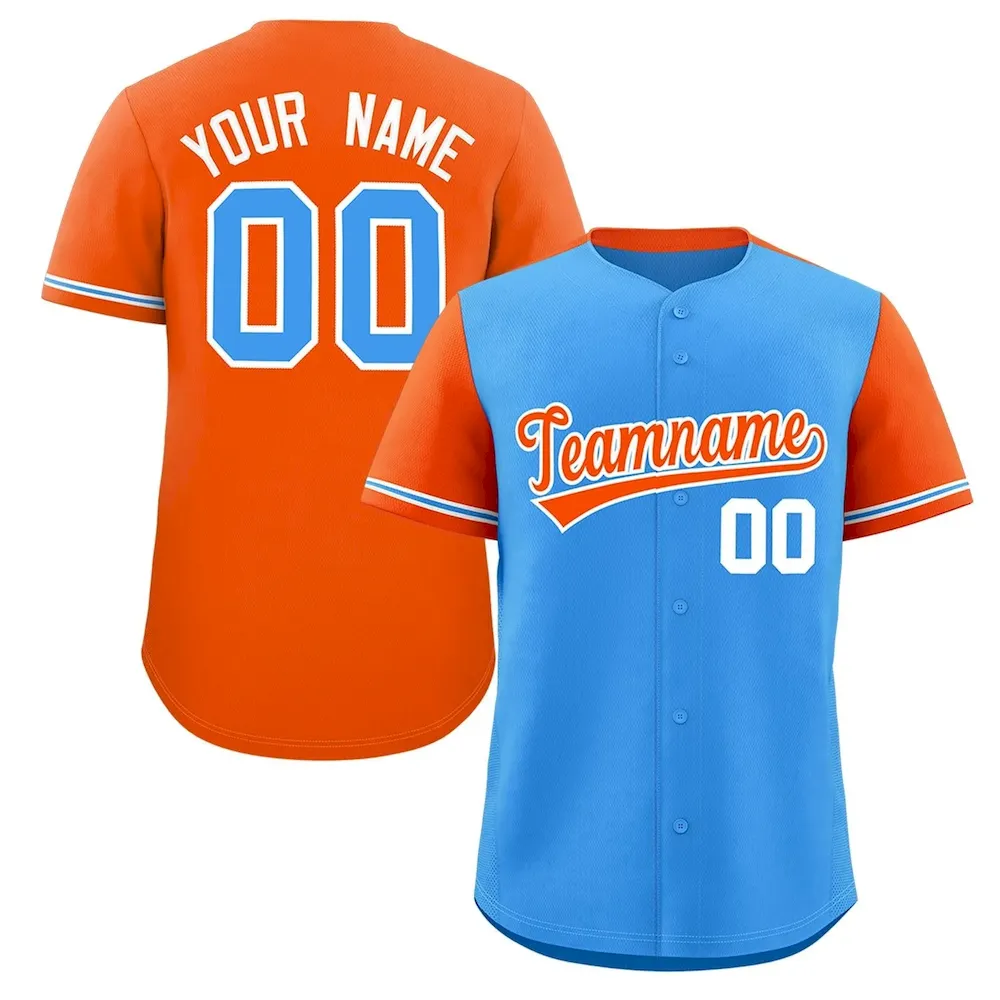 Custom Powder Blue Orange Color Block Personalized Raglan Sleeves Authentic Baseball Jersey
