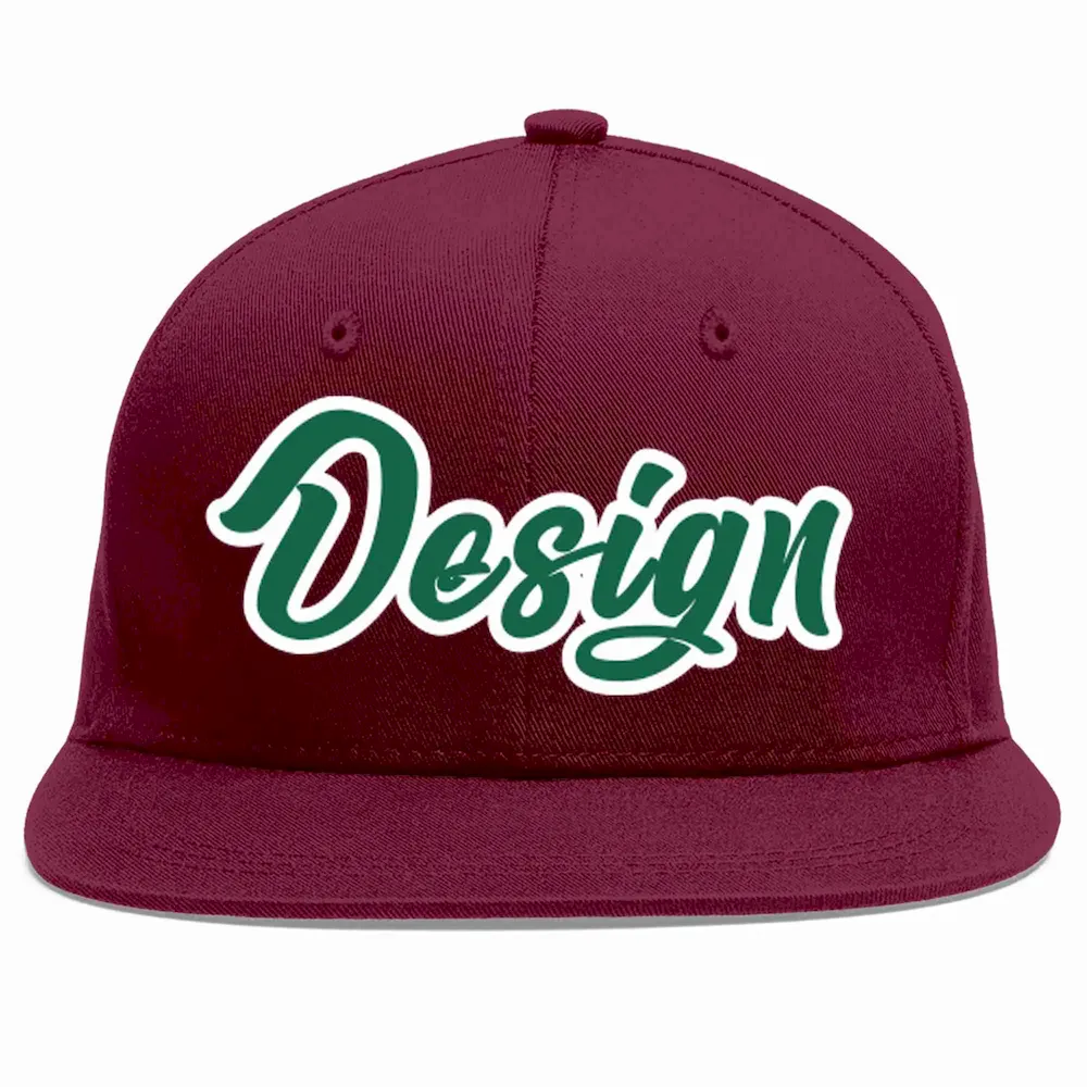 Custom Crimson Kelly Green-White Flat Eaves Sport Baseball Cap Design for Men/Women/Youth