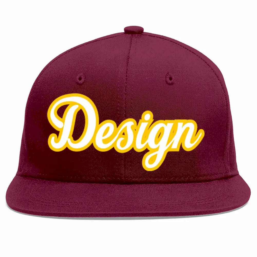 Custom Crimson White-Gold Flat Eaves Sport Baseball Cap Design for Men/Women/Youth