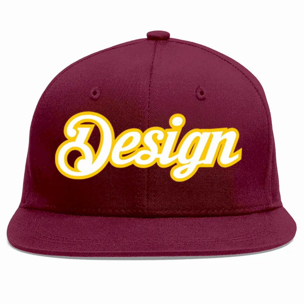 Custom Crimson White-Gold Flat Eaves Sport Baseball Cap Design for Men/Women/Youth