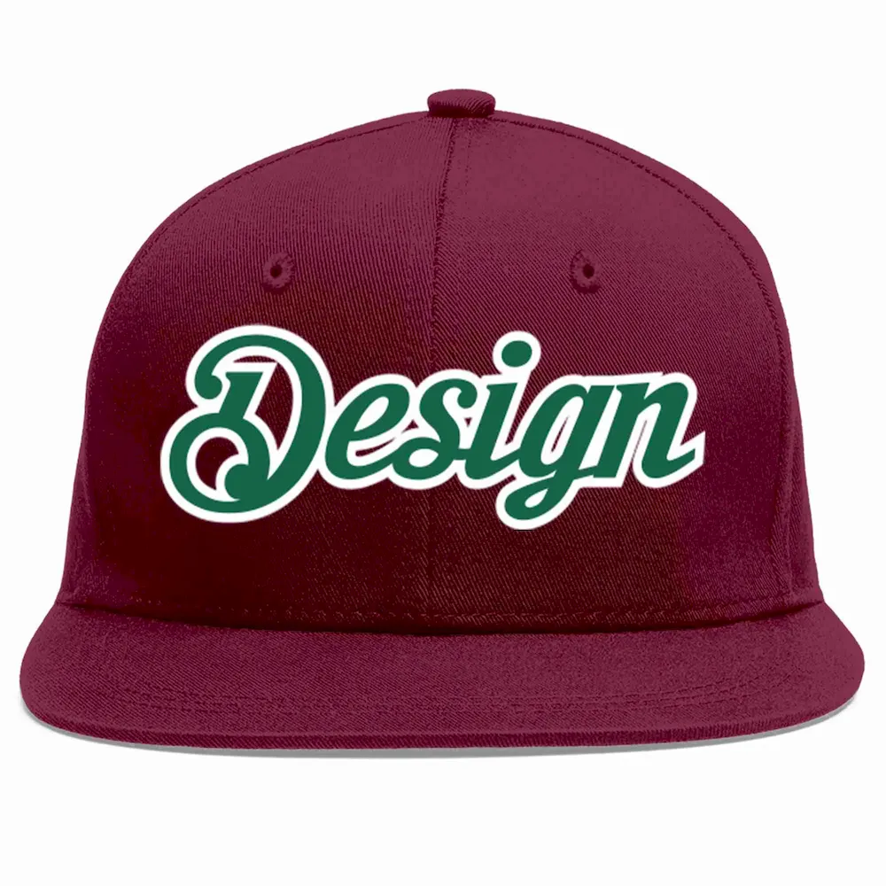 Custom Crimson Kelly Green-White Flat Eaves Sport Baseball Cap Design for Men/Women/Youth