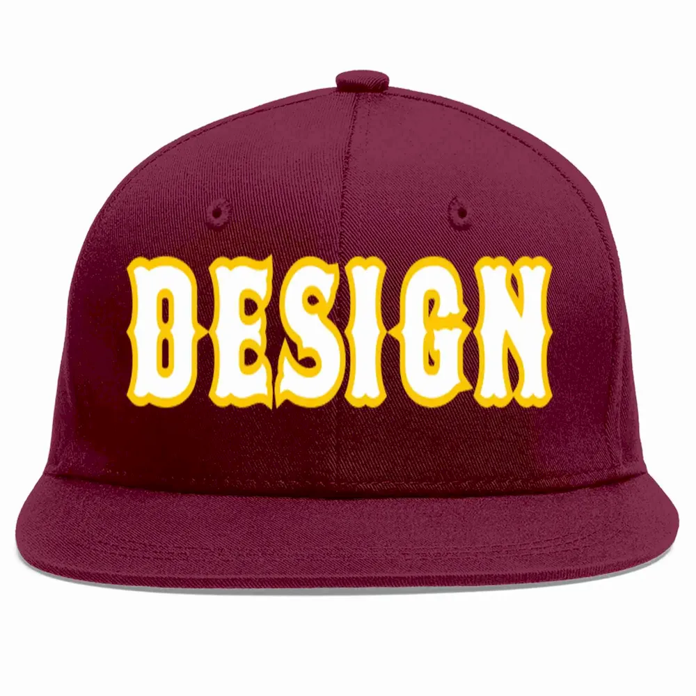 Custom Crimson White-Gold Flat Eaves Sport Baseball Cap Design for Men/Women/Youth