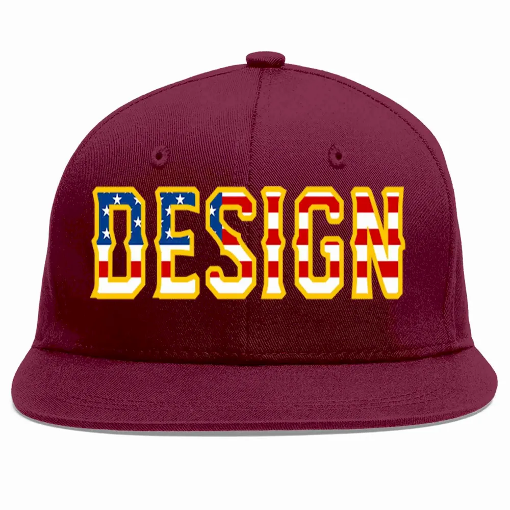 Custom Crimson Vintage USA Flag-Gold Flat Eaves Sport Baseball Cap Design for Men/Women/Youth
