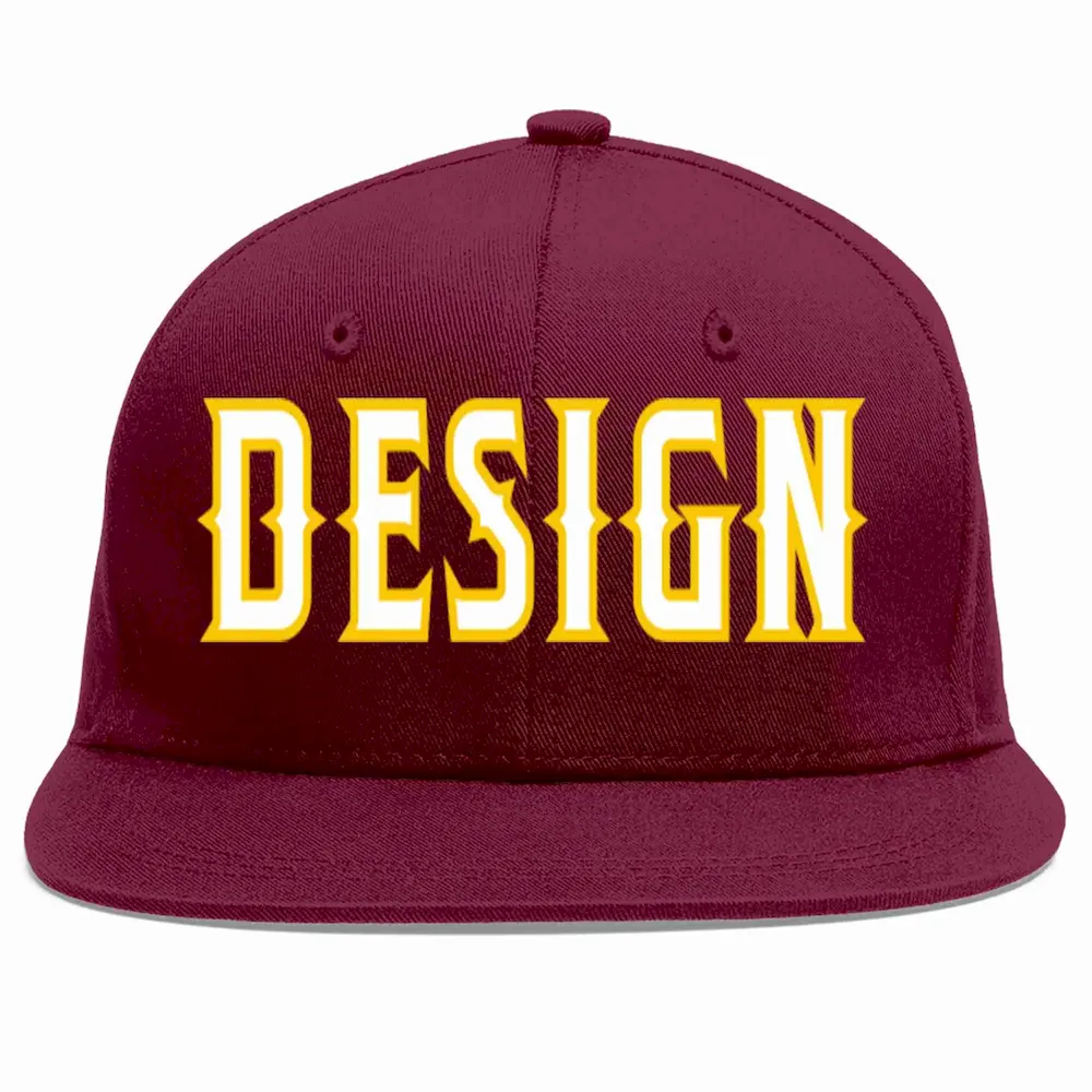Custom Crimson White-Gold Flat Eaves Sport Baseball Cap Design for Men/Women/Youth