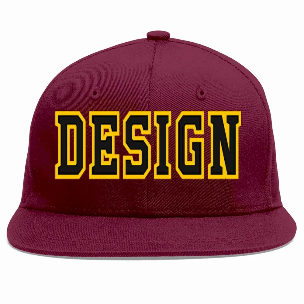 Custom Crimson Black-Gold Flat Eaves Sport Baseball Cap Design for Men/Women/Youth