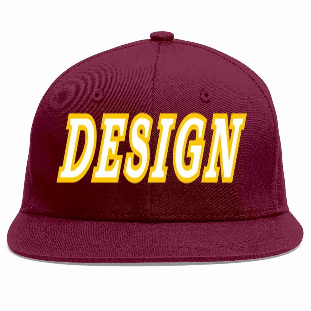Custom Crimson White-Gold Flat Eaves Sport Baseball Cap Design for Men/Women/Youth