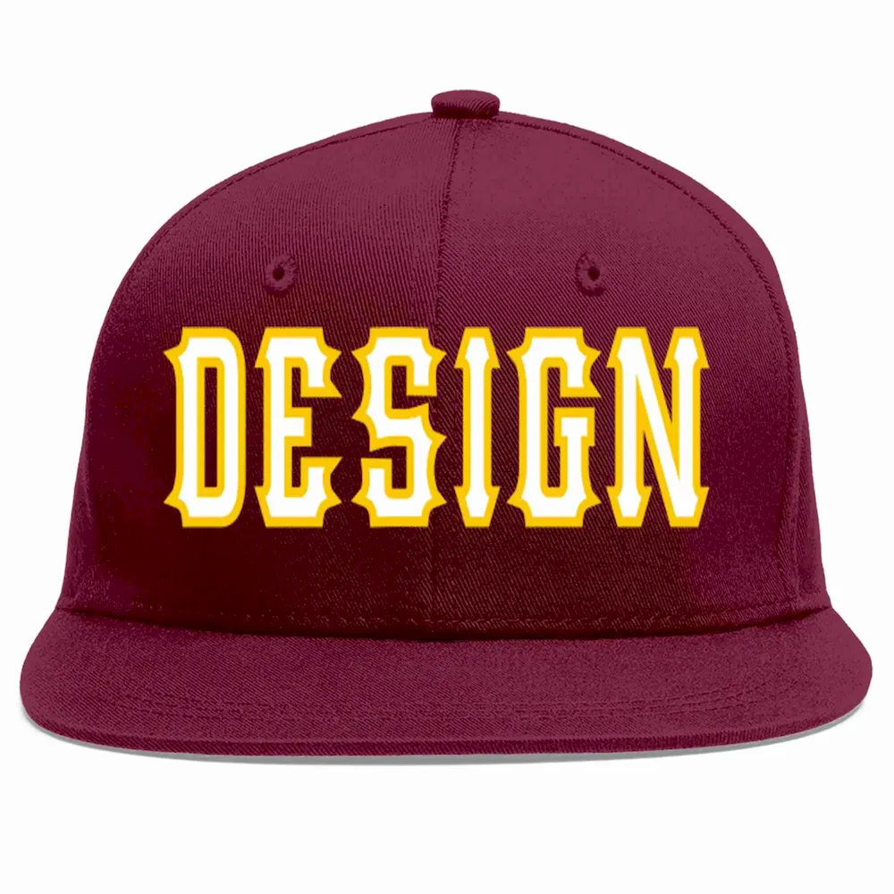 Custom Crimson White-Gold Flat Eaves Sport Baseball Cap Design for Men/Women/Youth