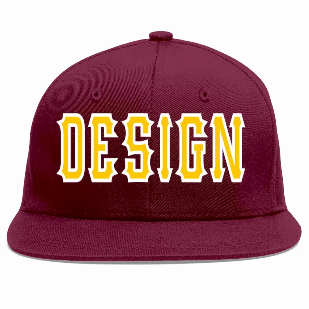 Custom Crimson Gold-White Flat Eaves Sport Baseball Cap Design for Men/Women/Youth