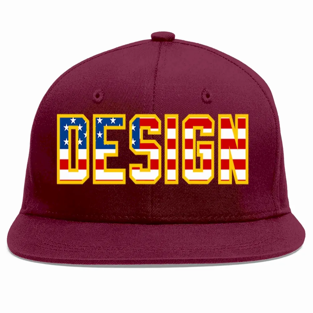 Custom Crimson Vintage USA Flag-Gold Flat Eaves Sport Baseball Cap Design for Men/Women/Youth
